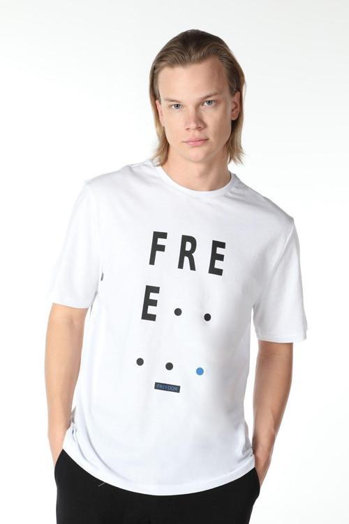 Erkek Baskılı Kısa Kollu Bisiklet Yaka Tişört Beyaz