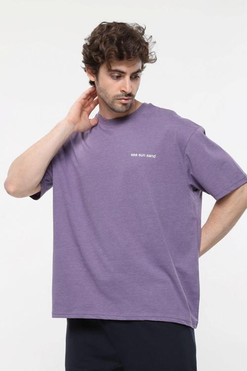 Erkek Baskılı Kısa Kollu Bisiklet Yaka Oversıze Tişört Mor