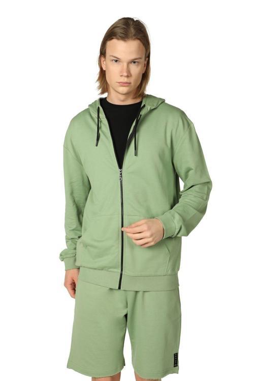 Erkek Kapüşonlu Fermuarlı Sweatshırt Haki Yeşil