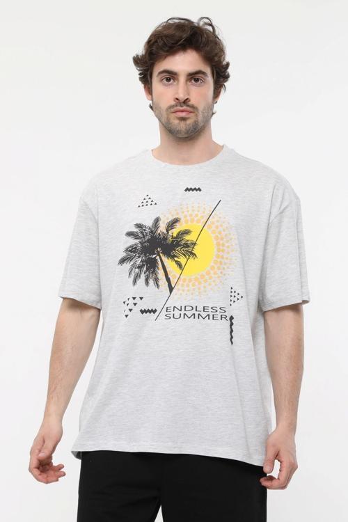 Erkek Baskılı Kısa Kollu Bisiklet Yaka Oversıze Tişört Kar Melanj