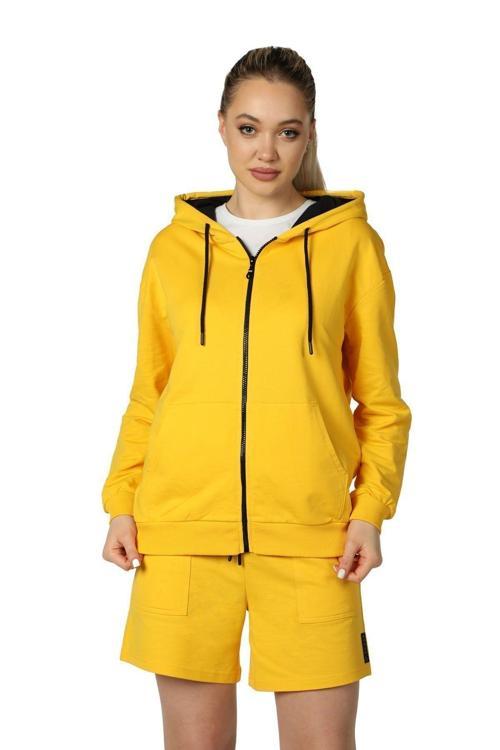 Kadın Kapüşonlu Fermuarlı Sweatshırt Sarı