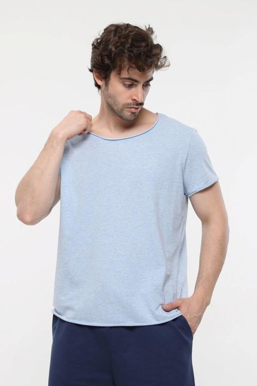 Erkek Kısa Kollu Kayık Yaka Pis Uçlu Tişört Mavi Melanj