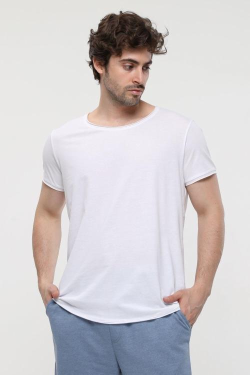 Erkek Kısa Kollu Kayık Yaka Pis Uçlu Tişört Beyaz