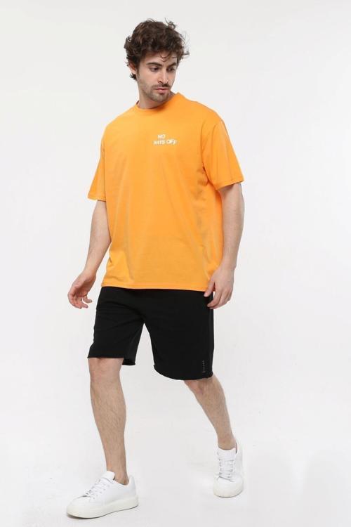 Erkek Baskılı Kısa Kollu Bisiklet Yaka Oversıze Tişört Oranj