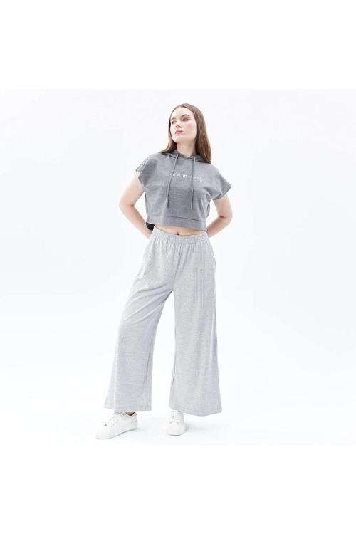 Kadın Oversize Bol Paça Pantolon Gri Melanj