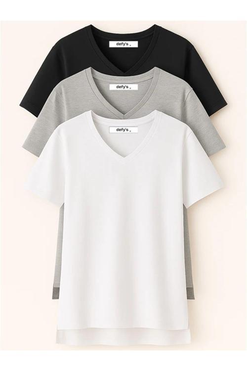 Kadın 3'Lü Basic Regular Fit V Yaka Arkası Uzun Tişört Seti
