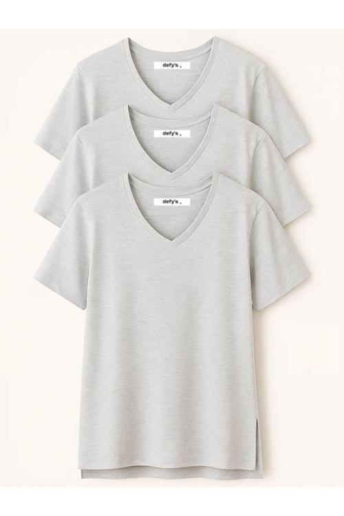 Kadın 3'Lü Basic Regular Fit V Yaka Arkası Uzun Tişört Seti