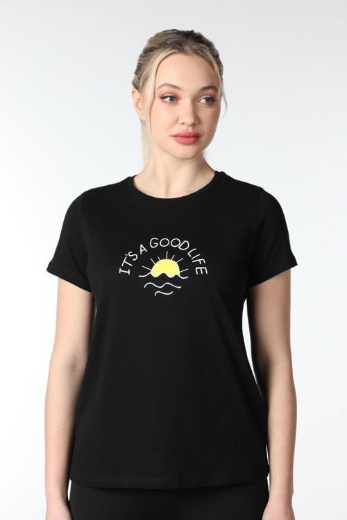 Kadın Baskılı Kısa Kollu Bisiklet Yaka Tişört Siyah