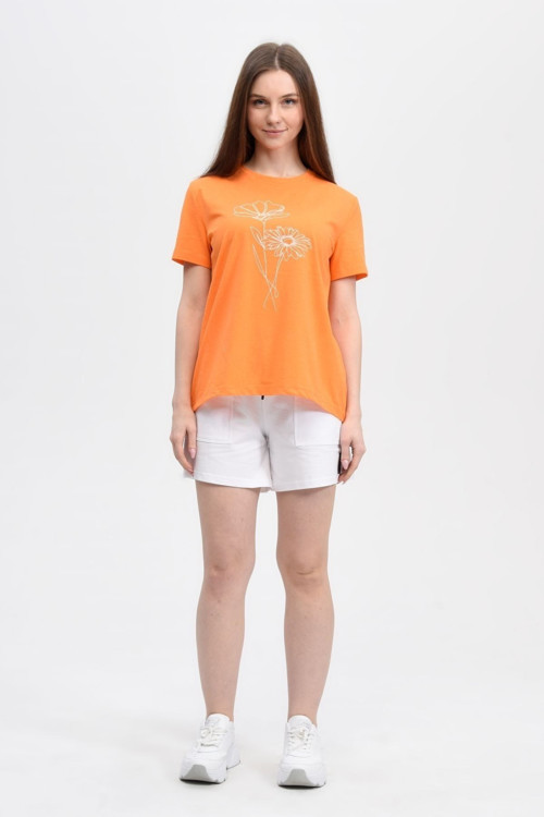 Kadın Baskılı Kısa Kollu Arka Oval Bisiklet Yaka Tişört Oranj