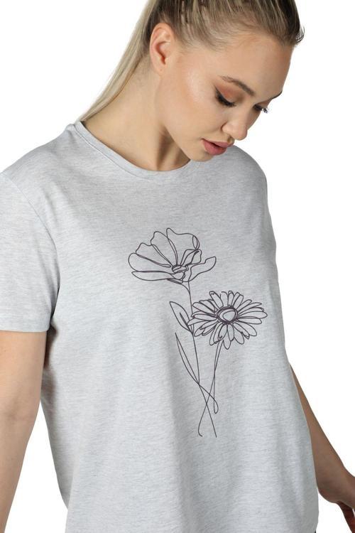 Kadın Baskılı Kısa Kollu Arka Oval Bisiklet Yaka Tişört Kar Melanj