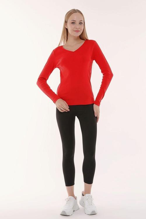 Kadın Uzun Kollu V Yaka Tişört Kırmızı