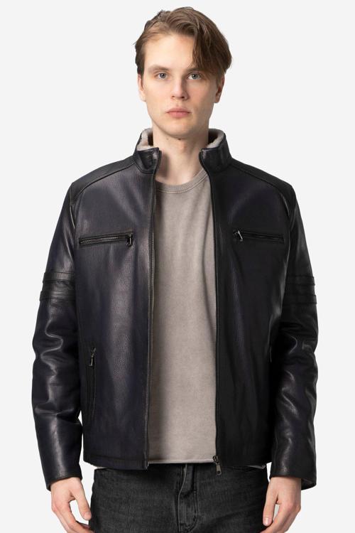 Parma Erkek Jumbo İçlikli Dik Yaka Hakiki Deri Mont LACİVERT