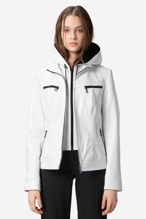 Harper Kadın Çıkma Deri Kapüşonlu Slimfit Gerçek Deri Mont BEYAZ