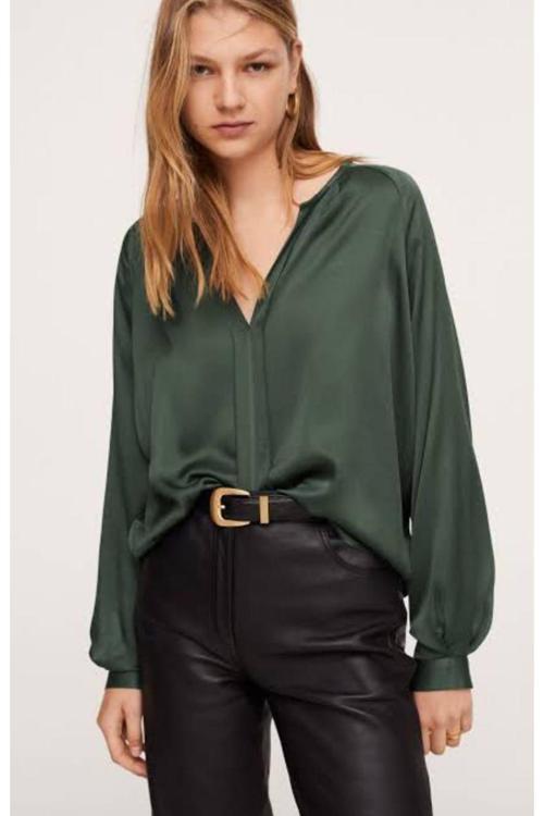 Kadın, Koyu Yeşil, Rahat Kalıp, Reglan Kol Saten Bluz