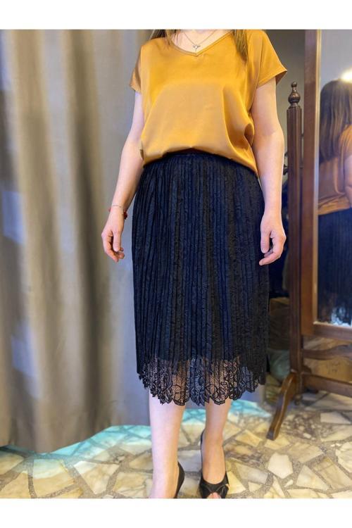 Kadın, Siyah Piliseli Midi Boy Dantel Etek