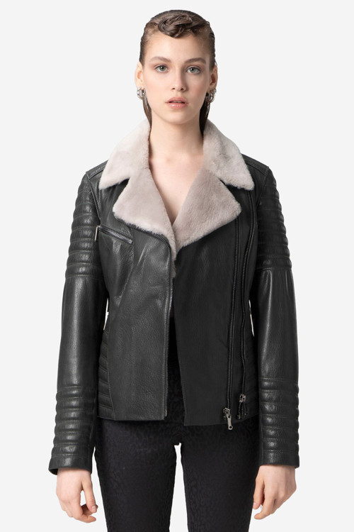 Artemis Kadın Jumbo Yaka Kürklü Hakiki Deri Mont YEŞİL