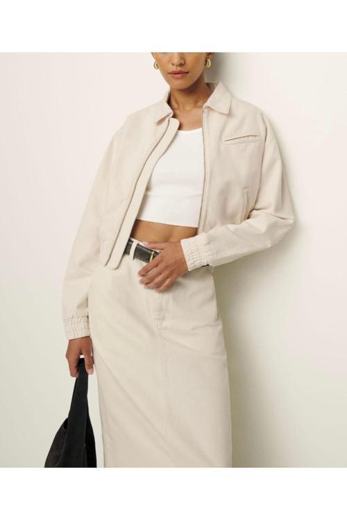 Kadın, Açık Bej Rengi , Kısa Bomber Denim Ceket