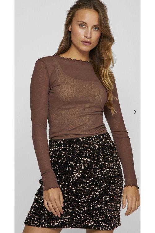 Kadın, Kahverengi Uzun Kollu Tül Bluz