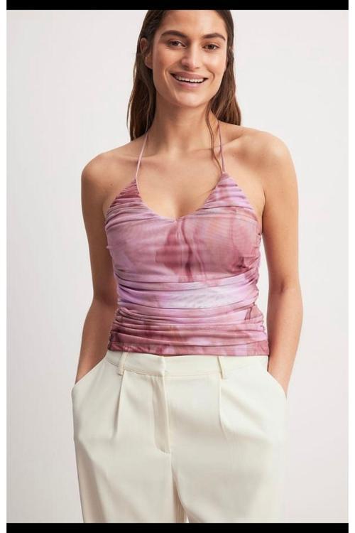 Kadın, Pembe Batik Renkli Boyundan Bağcıklı V Yaka Drapeli Tül Bluz