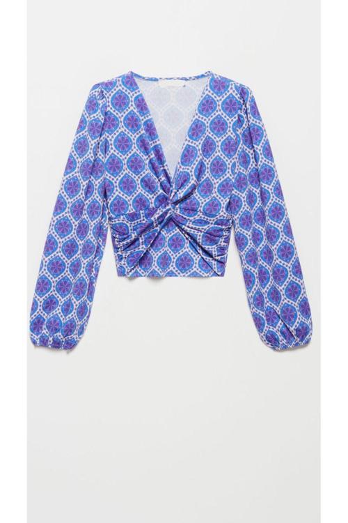 Kadın,Mor Çiçek Desenli,Kruvaze Yaka,Balon Kol Bluz