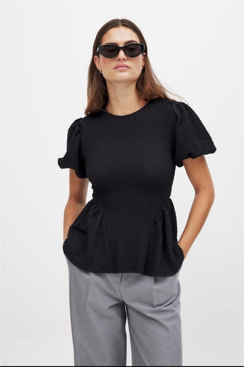 Kadın,Siyah, Balon Kol, Belden Oturtmalı, Peplum Bluz