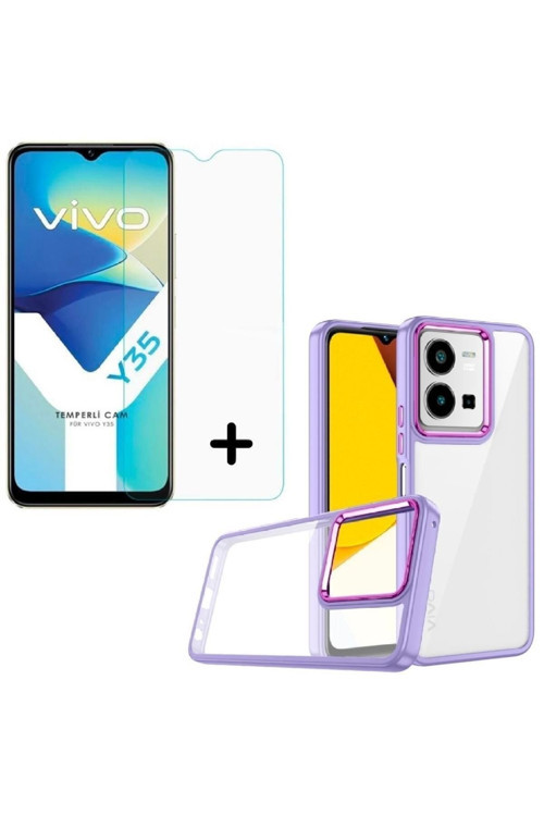 20068310 Vivo Y35 Ile Uyumlu Kılıf Kontrast Renkli Telefon Kılıfı Ve Temperli Cam Ekran Koruyucu Seti