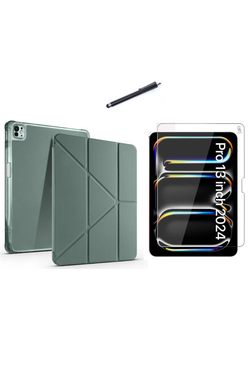 20068310 Apple İpad Pro 13 2024 M4 (A2925-A2926) Tri Fold Kalemlikli Tablet Kılıfı Ekran Koruyucu Ve Kalem