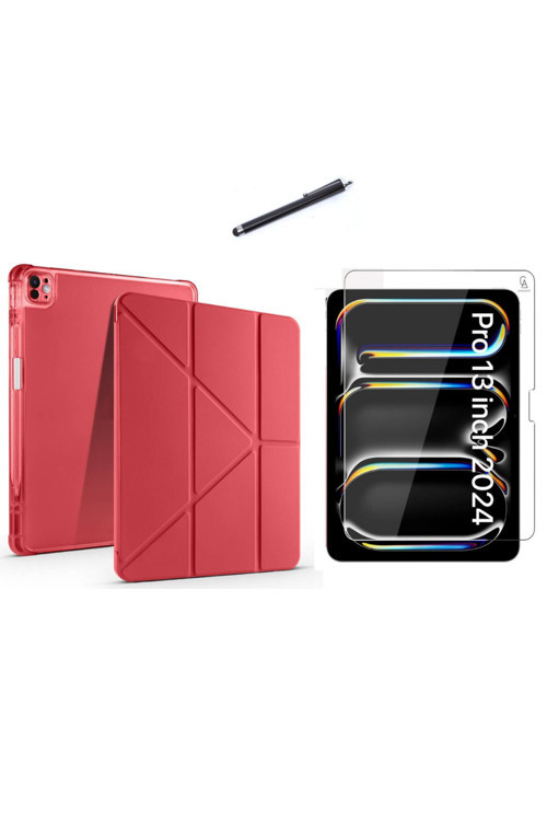 20068310 Apple İpad Pro 13 2024 M4 (A2925-A2926) Tri Fold Kalemlikli Tablet Kılıfı Ekran Koruyucu Ve Kalem