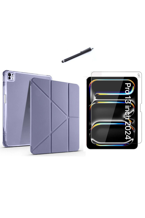 20068310 Apple İpad Pro 13 2024 M4 (A2925-A2926) Tri Fold Kalemlikli Tablet Kılıfı Ekran Koruyucu Ve Kalem