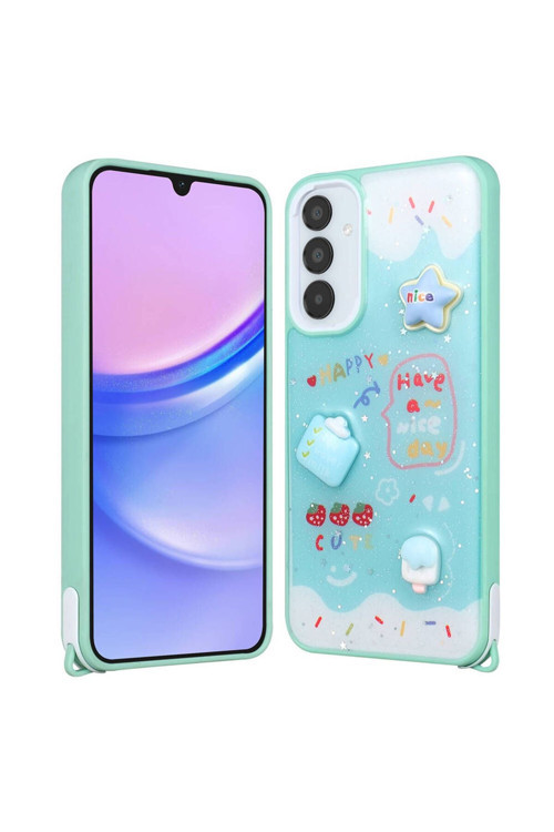 20068310 Samsung Galaxy A15 İle Uyumlu Kılıf Parlayan Sıvılı Simli Kabartma Figürlü Kapak