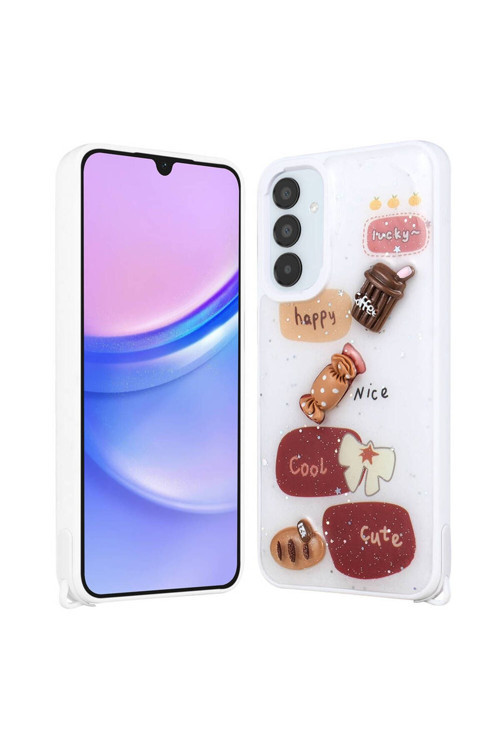20068310 Samsung Galaxy A15 İle Uyumlu Kılıf Parlayan Sıvılı Simli Kabartma Figürlü Kapak
