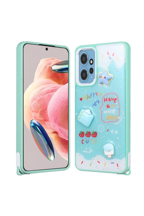 20068310 Xiaomi Redmi 12 4G İle Uyumlu Kılıf Parlayan Sıvılı Simli Kabartma Figürlü Kapak