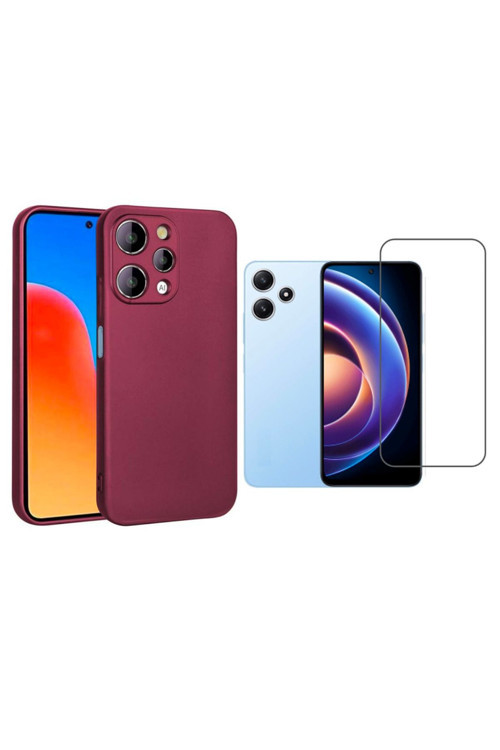 20068310 Xiaomi Redmi 12 Uyumlu Kılıf Soft Yumuşak Telefon Kılıfı Ve Temperli Cam Ekran Koruyucu Mürdüm