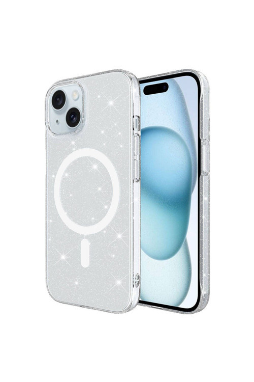 20068310 Apple İphone 15 Plus Max İle Uyumlu Kılıf Magsafe Şarj Özellikli Simli Şeffaf Arka Yüzey Kapak