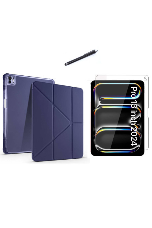 20068310 Apple İpad Pro 13 2024 M4 (A2925-A2926) Tri Fold Kalemlikli Tablet Kılıfı Ekran Koruyucu Ve Kalem