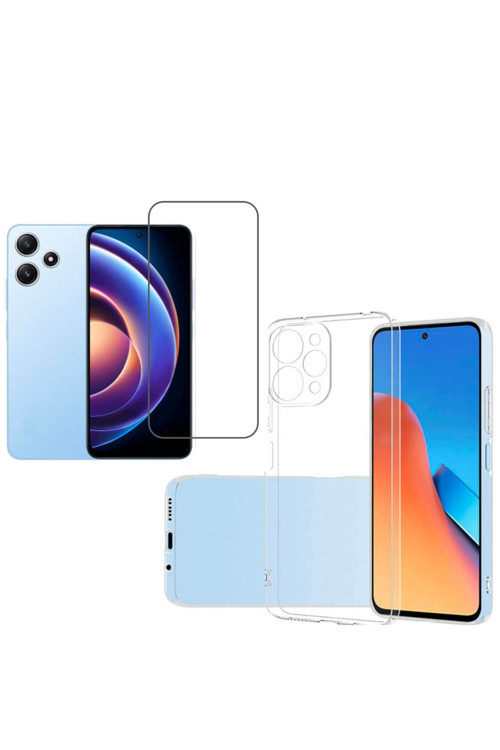 20068310 Xiaomi Redmi 12 Uyumlu Kılıf Soft Yumuşak Telefon Kılıfı Ve Temperli Cam Ekran Koruyucu Şeffaf