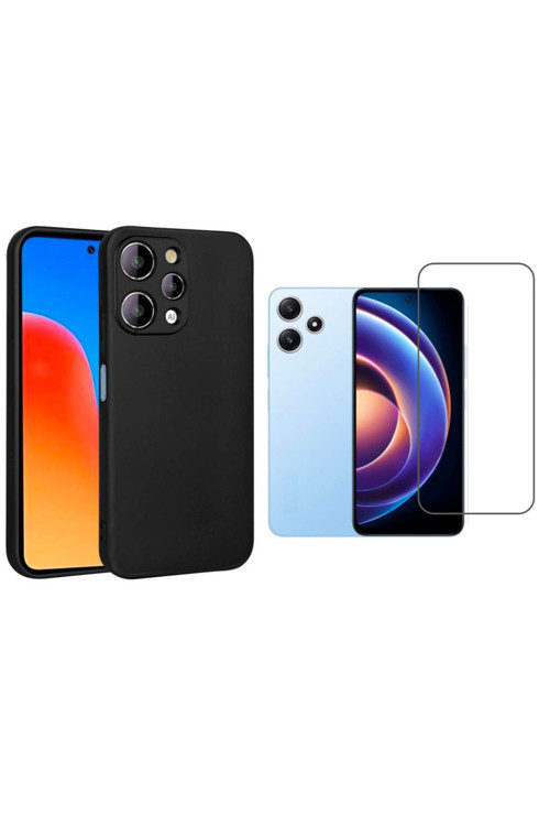 20068310 Xiaomi Redmi 12 Uyumlu Kılıf Soft Yumuşak Telefon Kılıfı Ve Temperli Cam Ekran Koruyucu Siyah