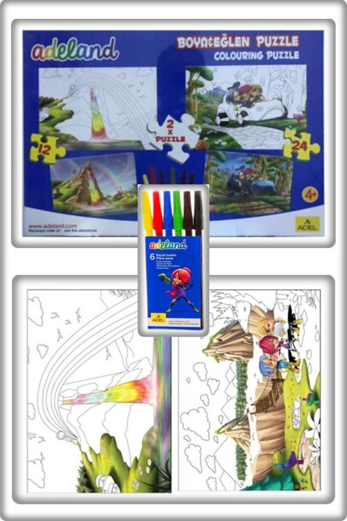 Boya Eğlen 12 Ve 24 Parça Puzzle 2 Adet- 6 Renk Keçeli Kalem 5X24X34 Cm