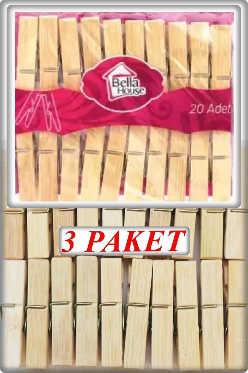 Bella House 20'Li Ahşap Mandal A-Kalite 3 Paket (60 Adet) 1X6 Cm