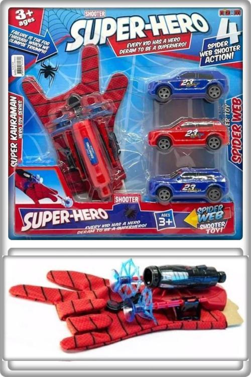 Spiderman Örümcek Adam Vantuz Fırlatan Eldiven Ve 3 Adet Araba Süper Hero Oyuncak