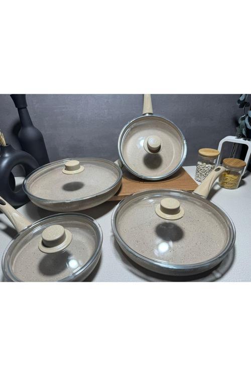 Krem Granit 4 Lü Cam Kapaklı Tava Seti