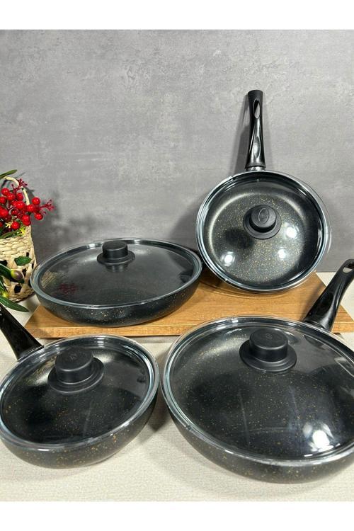 Siyah Granit 4 Lü Cam Kapaklı Tava Seti
