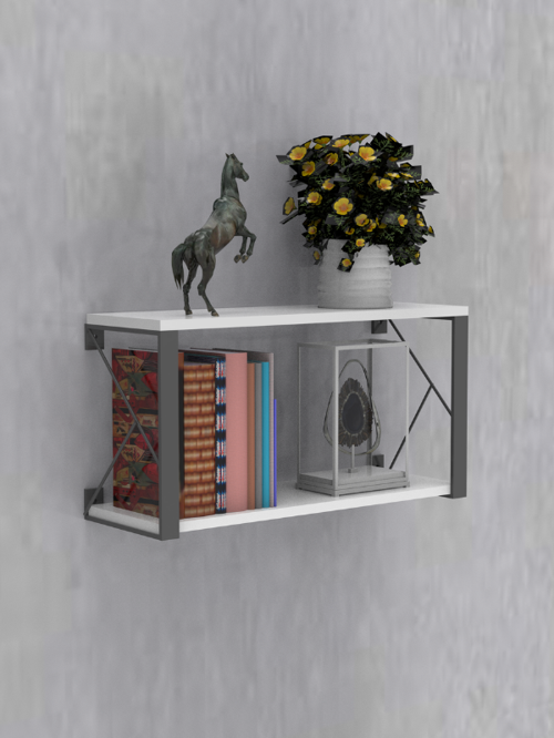 Dekoratif Beyaz Ahşap Raf - 2 Katlı, C Raf, Ahşap Duvar Rafı, Dekoratif Raf