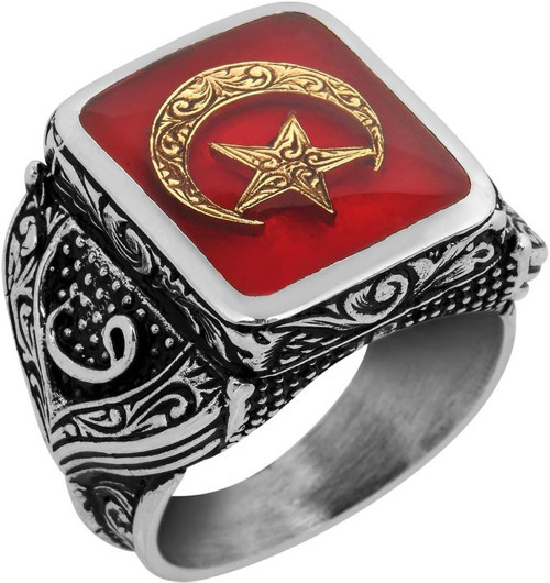925 Ayar Gümüş Erkek Yüzük - Ay ve Yıldız ile Oluşturulmuş Granat Taşı