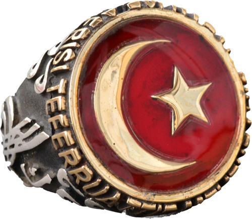 Erkek Gümüş Yüzük - Kırmızı Hilal ve Yıldız Tasarımı, Türk Bayragı Yüzük