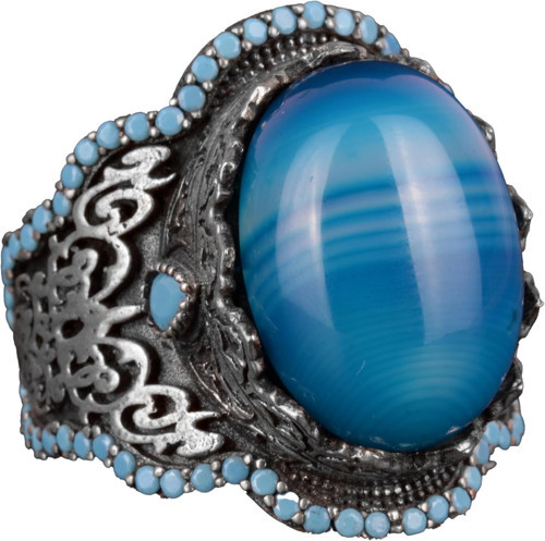 925 Ayar Gümüş Erkek Yüzük, Gerçek Doğal Mavi Akik Taşı, Sultan Yüzüğü