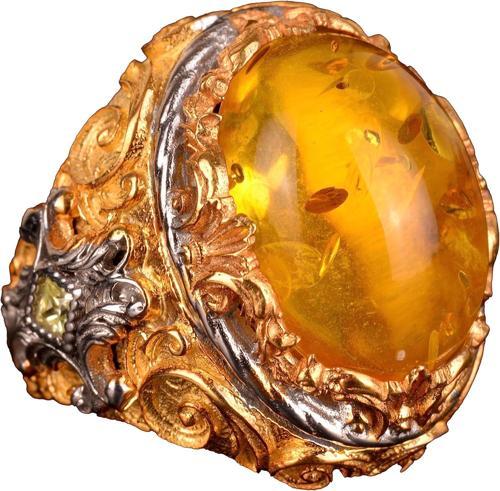 Erkekler için 925 Ayar Gümüş Yüzük, Doğal Olmayan Bal Amber Taşı ile