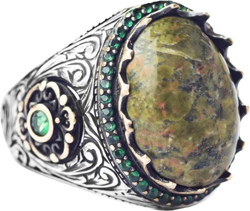 El Yapımı Gümüş Erkek Yüzük, Gerçek Doğal Taş Yüzük (Unakite)
