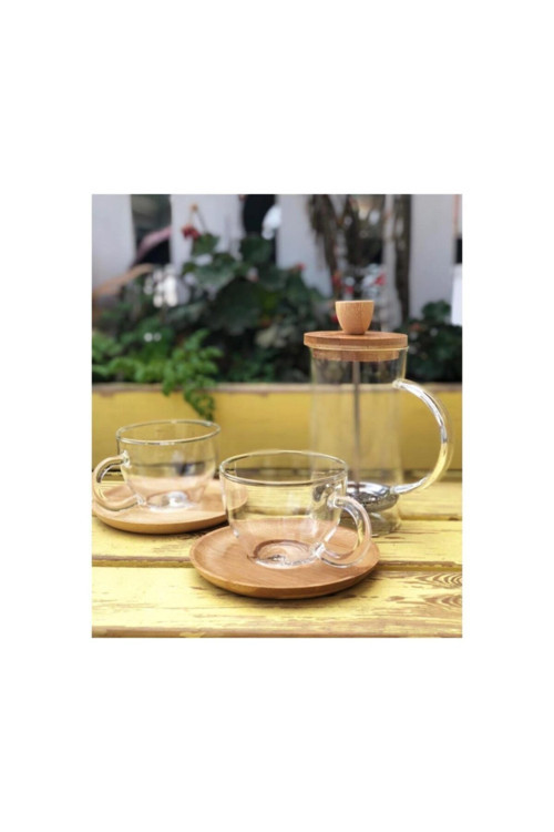 Cam French Press & Bambu Tabaklı Fincan Seti