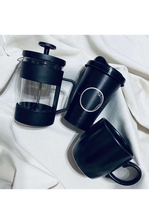 French Press & Kapaklı Kahve Bardağı & Kupa Bardak Hediye Seti